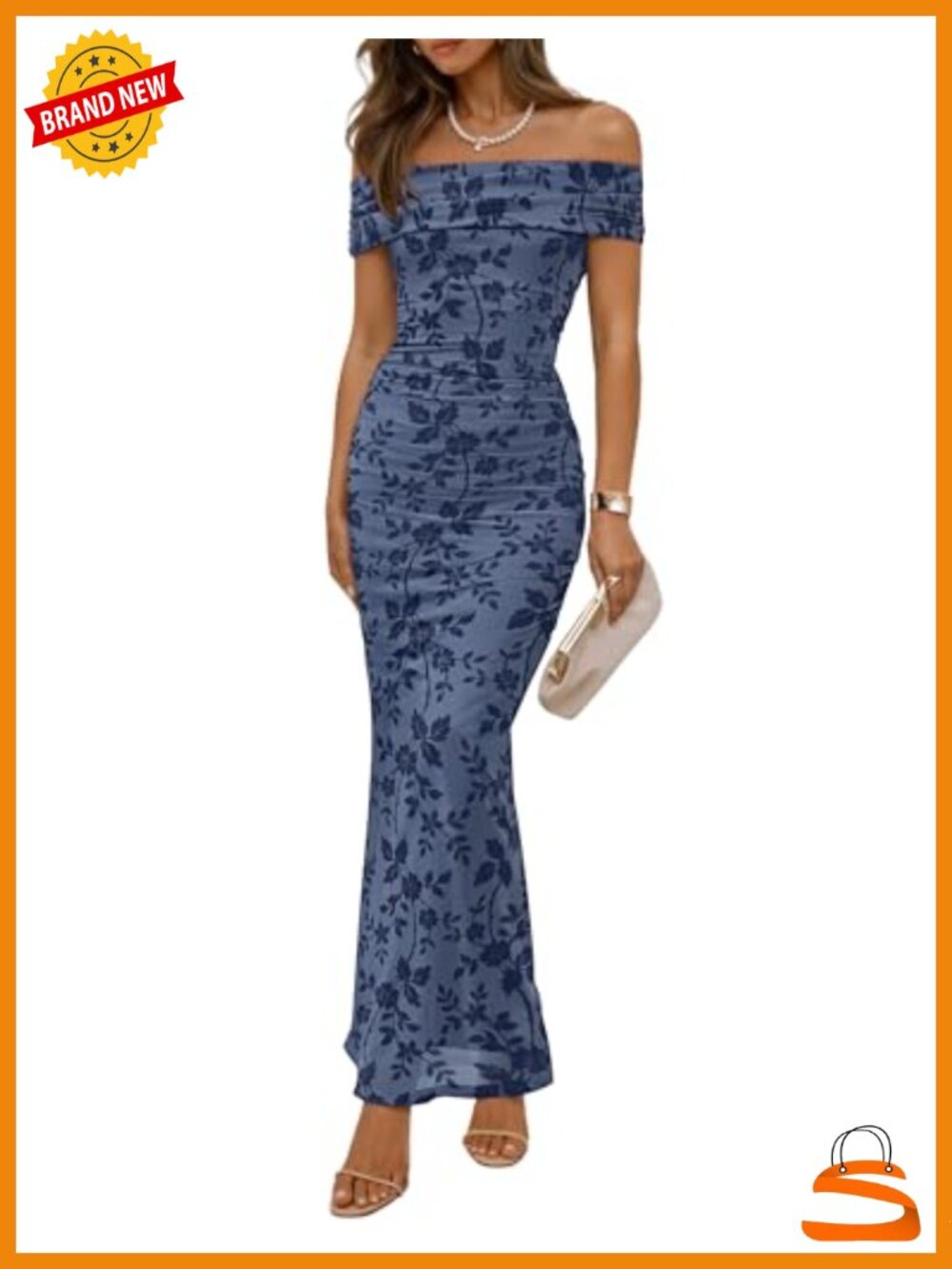 Off Shoulder Floral Bodycon Ruched Maxi Dress Mesh Formal Cocktail Party